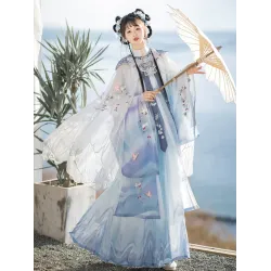 Ming-Style Cloud-Shoulder Hanfu with Sheer Embroidered Cape & Waist-High Pleated Skirt