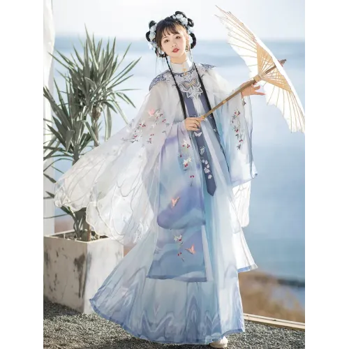 Ming-Style Cloud-Shoulder Hanfu with Sheer Embroidered Cape & Waist-High Pleated Skirt