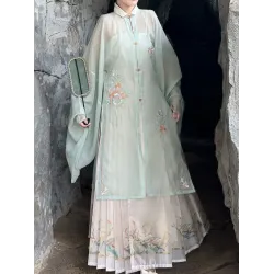 Spring/Summer Ming-Style Stand-Collar Hanfu with Sparkling Floral Embroidery & Horse-Face Skirt
