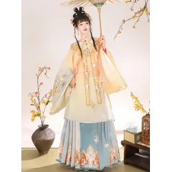 Ming-Style Mandarin-Collar Hanfu Set with Cloud-Shoulder Embroidery & Pleated Horse-Face Skirt