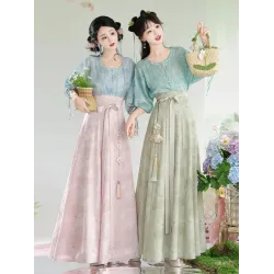 Hanfu, Tang-Style Tencel Printed Beizi Jacket with Waist-High Eight-Pleat Skirt for Summer