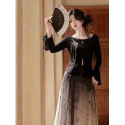 2025 Spring-Autumn Black Top & Redesigned Horse-Face Skirt Hanfu Two-Piece Set