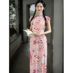 Summer Pastel Pink Faux High-Slit Flat-Cut Cheongsam – Youthful Reissue