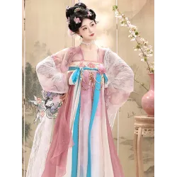 Hanfu, Ethereal Tang-Style Embroidered Cross-Collar Jacket with Waist-High Eight-Pleat Skirt for Spring–Summer Daily Wear