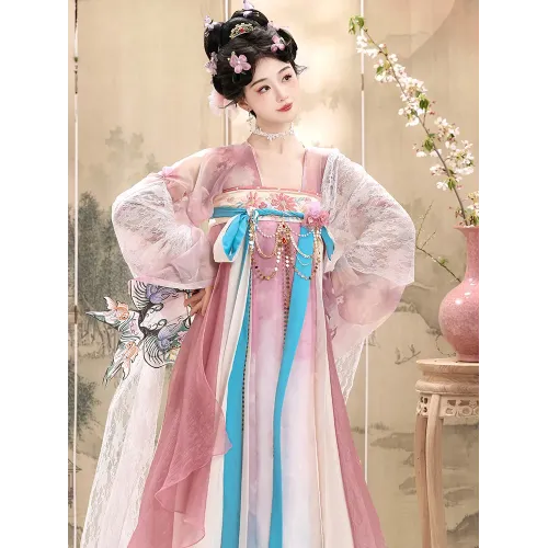 Hanfu, Ethereal Tang-Style Embroidered Cross-Collar Jacket with Waist-High Eight-Pleat Skirt for Spring–Summer Daily Wear